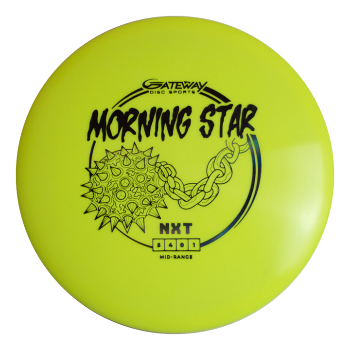 The Morningstar - NXT is a yellow mid-range disc golf disc by Gateway Disc Sports, featuring a black spiked ball and chain graphic. As part of the Suregrip molds line, it offers neutral flight and reliable on-course performance.