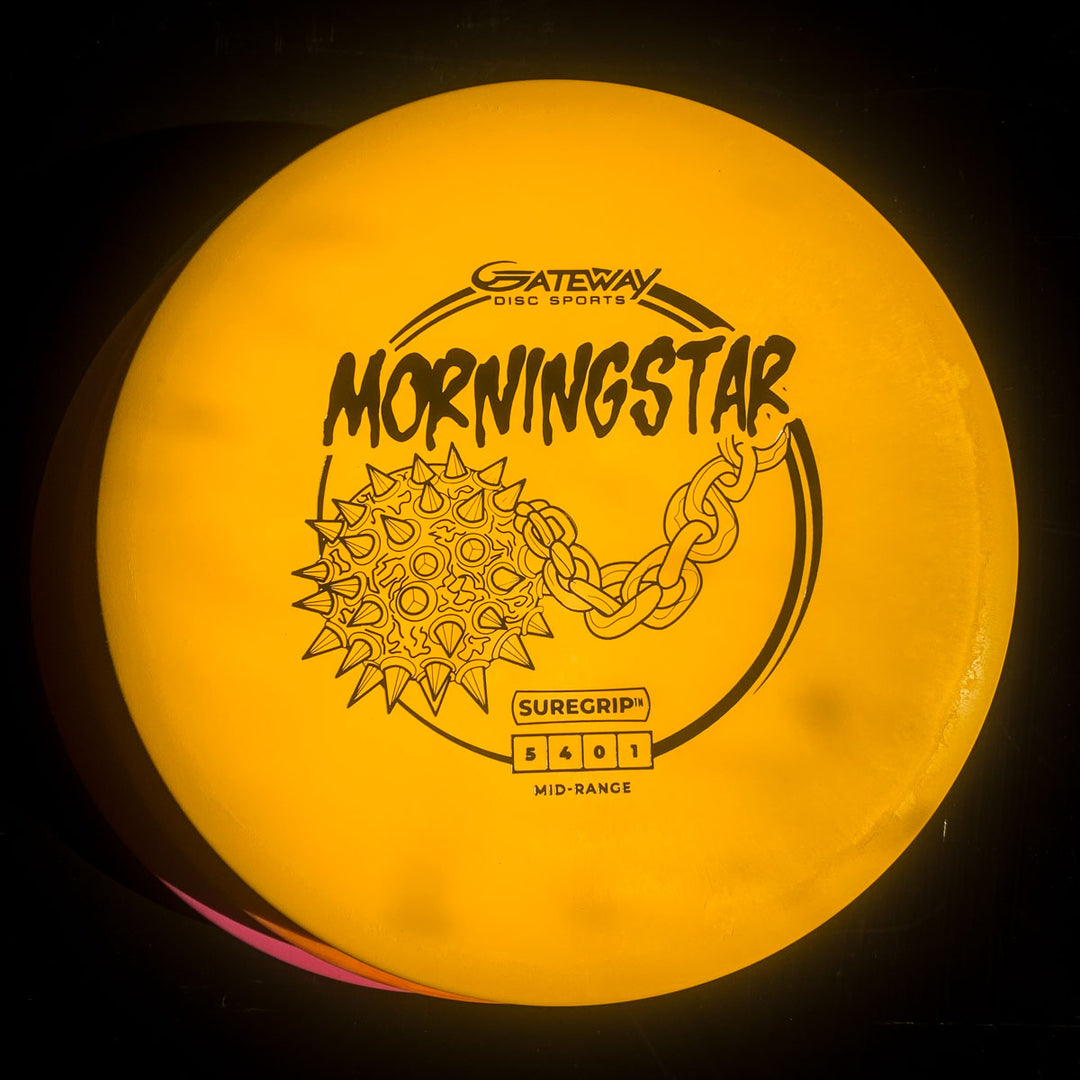 A yellow Morningstar - Suregrip disc from Gateway Disc Sports, this neutral mid-range features a bold black spiked ball and chain graphic.