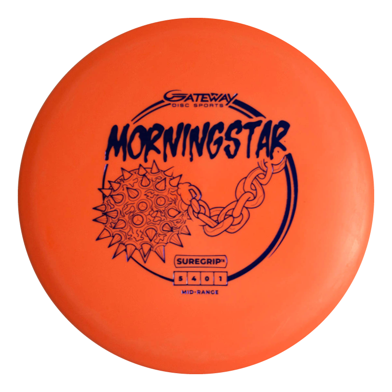The orange Gateway Morningstar - Suregrip disc golf disc features a spiked mace and chain design, labeled "SUREGRIP MID-RANGE," and is ideal for neutral flight and consistent midrange throws.