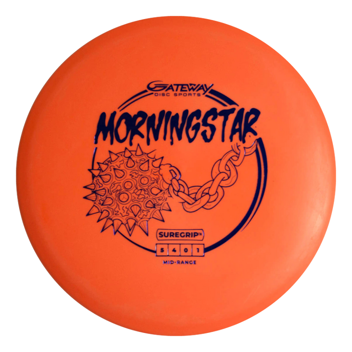 The orange Gateway Morningstar - Suregrip disc golf disc features a spiked mace and chain design, labeled "SUREGRIP MID-RANGE," and is ideal for neutral flight and consistent midrange throws.