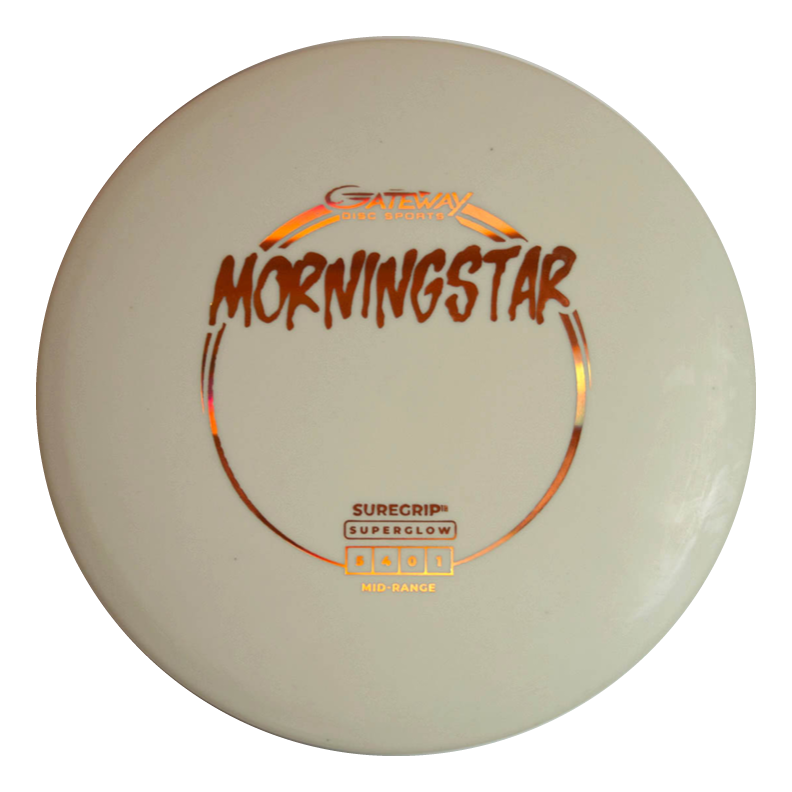 The Morningstar - Suregrip Superglow is a white, neutral-flying mid-range disc golf disc from Gateway Disc Sports with "Mid-Range" printed below the main logo and features the Suregrip Superglow plastic.