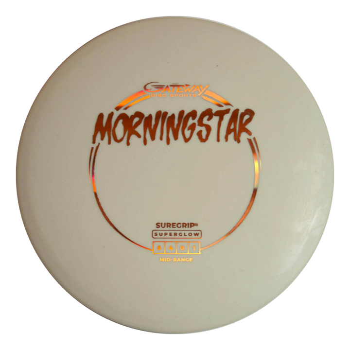 The Morningstar - Suregrip Superglow is a white, neutral-flying mid-range disc golf disc from Gateway Disc Sports with "Mid-Range" printed below the main logo and features the Suregrip Superglow plastic.