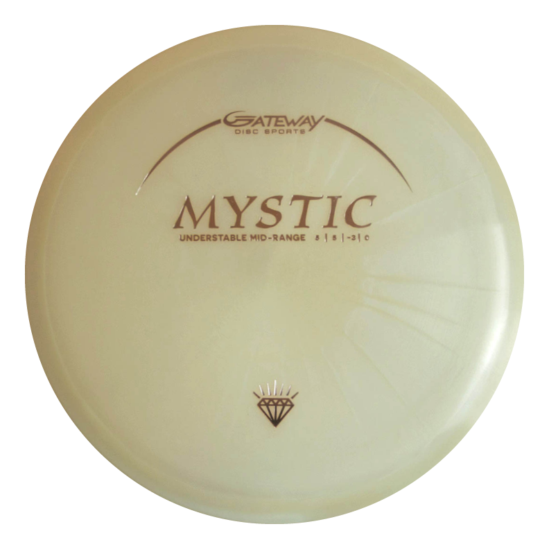 A white "Mystic - Diamond Superglow" mid-range disc with flight numbers 5, 5, -3, 1, a diamond symbol, and renowned for its straight flight.