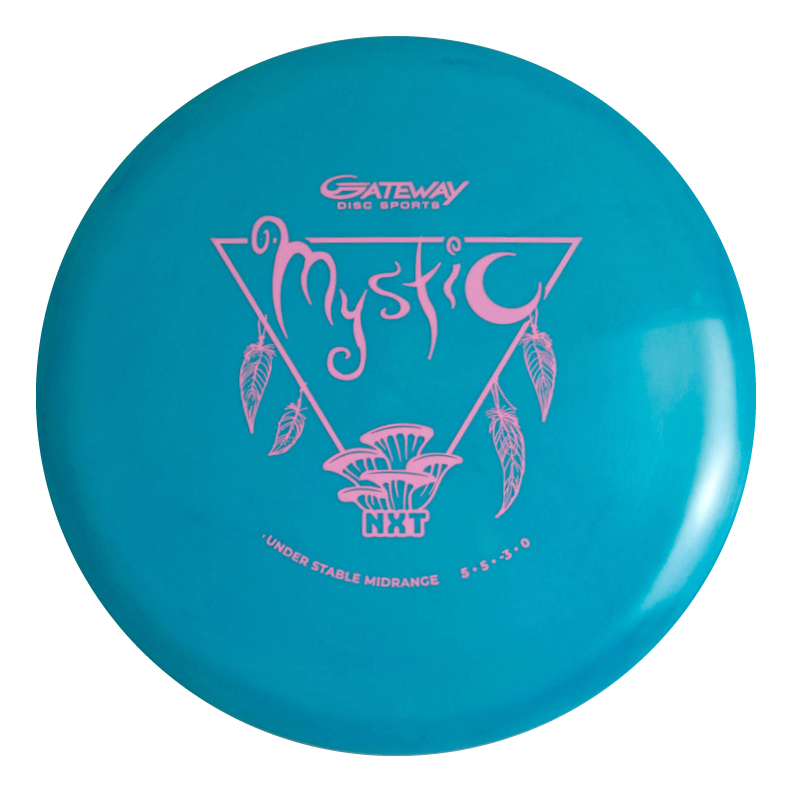 The Mystic - NXT is a turquoise mid-range disc featuring pink "Mystic" branding, feather graphics, and flight numbers 5 | 5 | -3 | 0designed for maximum glide and a controllable, understable flight.