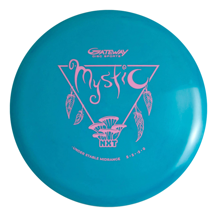 The Mystic - NXT is a turquoise mid-range disc featuring pink "Mystic" branding, feather graphics, and flight numbers 5 | 5 | -3 | 0designed for maximum glide and a controllable, understable flight.