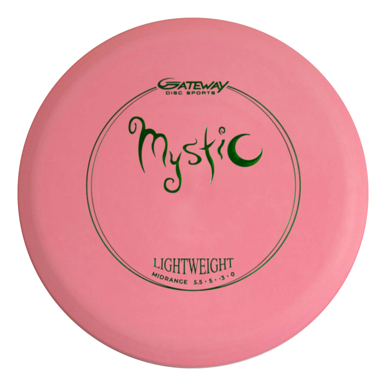 The Mystic Lightweight- SureGrip™ is a pink mid-range disc with flight numbers 5.5, 5, -3, 0, designed for controllable throws and impressive glide.
