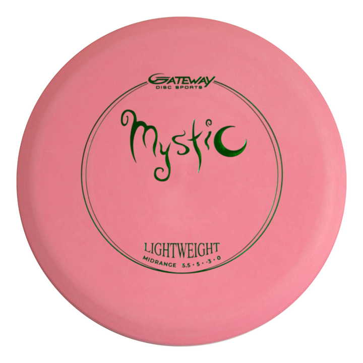 The Mystic Lightweight- SureGrip™ is a pink mid-range disc with flight numbers 5.5, 5, -3, 0, designed for controllable throws and impressive glide.