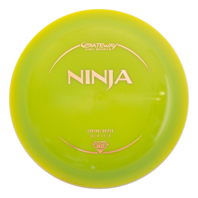 The Ninja - (HD) Hyper Diamond is a yellow and green disc golf driver by Gateway Disc Sports, featuring white text, flight numbers, and drag-reducing tech for an overstable flight.
