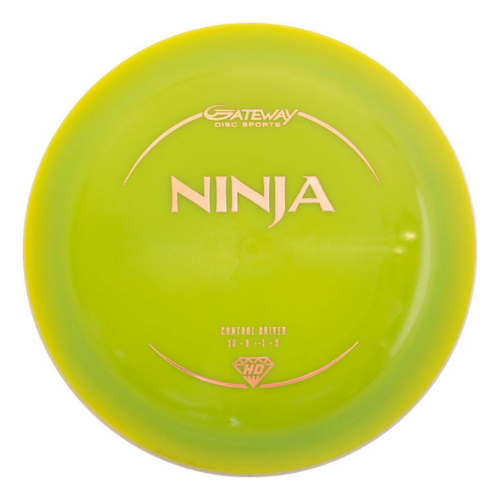 The Ninja - (HD) Hyper Diamond is a yellow and green disc golf driver by Gateway Disc Sports, featuring white text, flight numbers, and drag-reducing tech for an overstable flight.