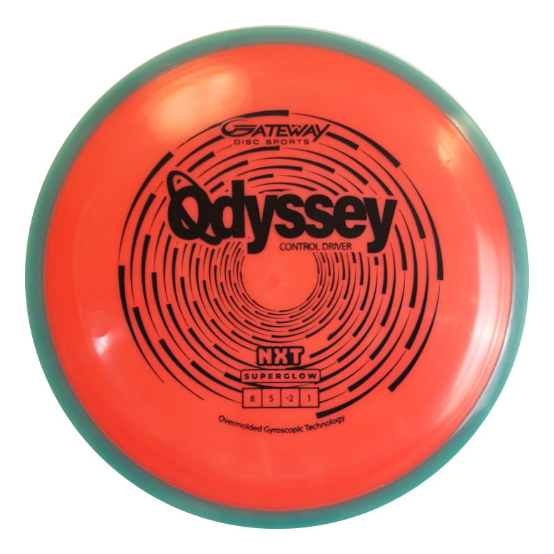 A red and green disc golf driver, the "Odyssey - NXT Superglow" by Gateway Disc Sports, designed by David McCormack, features black circular patterns and central product details with Flight Numbers.