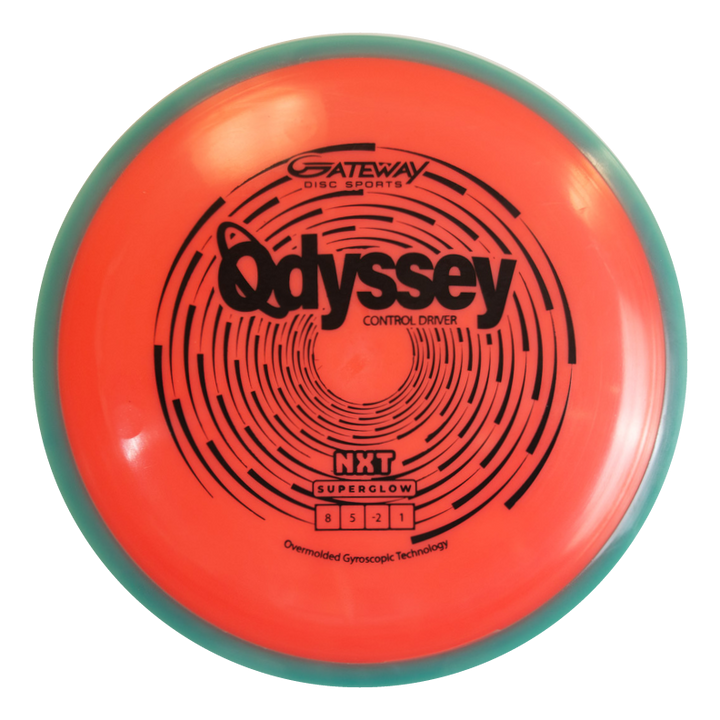 A red and green disc golf driver, the "Odyssey - NXT Superglow" by Gateway Disc Sports, designed by David McCormack, features black circular patterns and central product details with Flight Numbers.