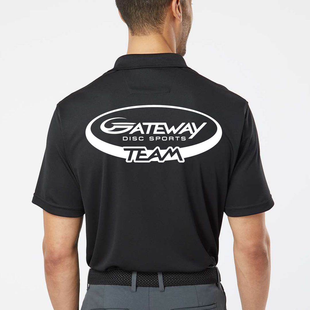 Someone wearing a Black Team Gateway Polo, featuring UPF 30+ microfiber fabric and "Gateway Disc Sports Team" printed in white on the back.
