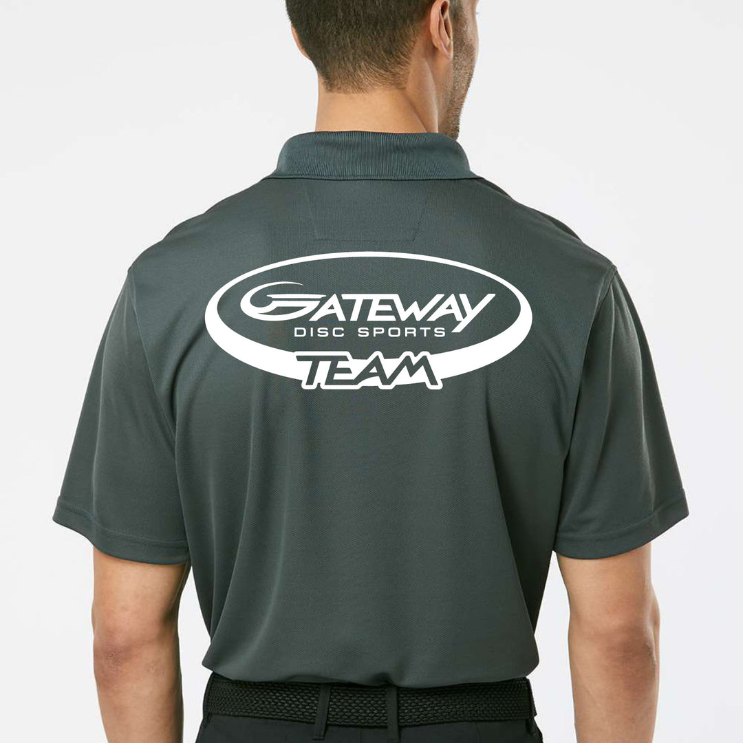A person wearing a Graphite Team Gateway Polo€”dark gray microfiber with UPF 30+ protection and €œGateway Disc Sports Team€� logo in white on the back.