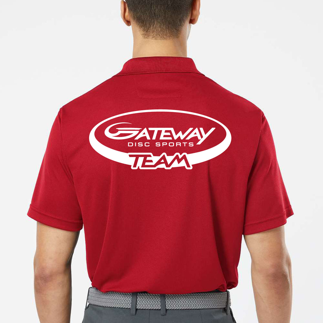 A person wears a Dark Red Team Gateway Polo featuring "Gateway Disc Sports Team" in white on the back, offering UPF 30+ protection and moisture management for all-day comfort.