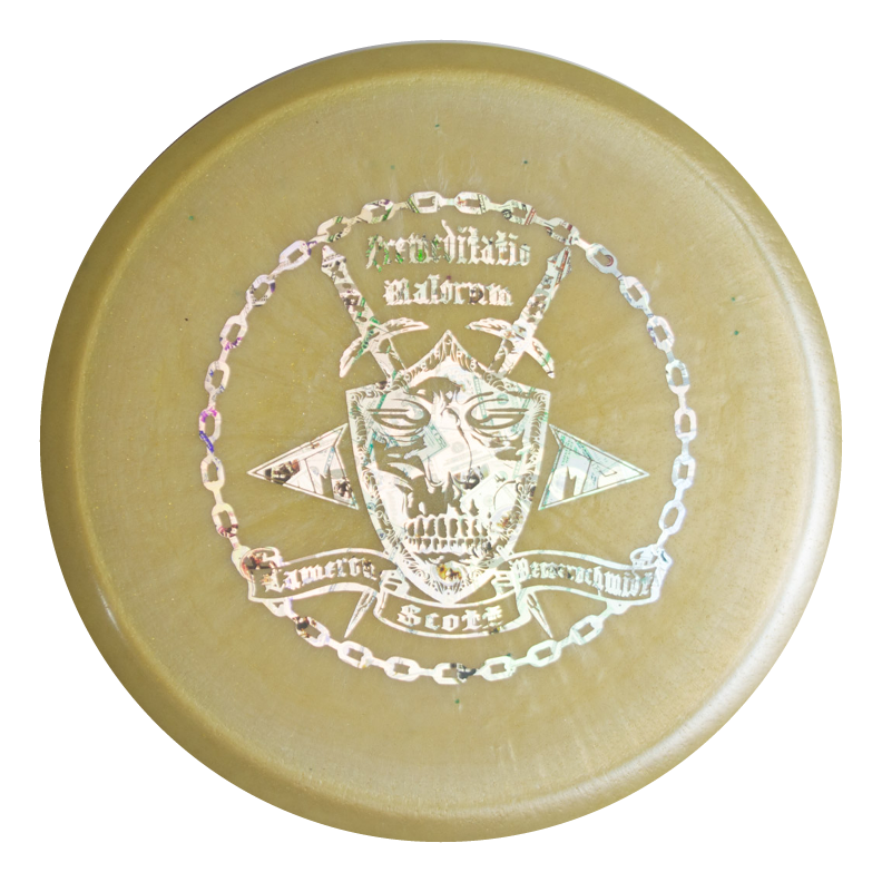 Cam's Prophecy - Diamond Metal Flake disc golf disc features a metallic skull, crossed swords, chain artwork, "American Made," and "Scots Paranormal" text. Crafted with premium Diamond blend for an overstable mid-range flight.
