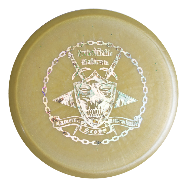 Cam's Prophecy - Diamond Metal Flake disc golf disc features a metallic skull, crossed swords, chain artwork, "American Made," and "Scots Paranormal" text. Crafted with premium Diamond blend for an overstable mid-range flight.
