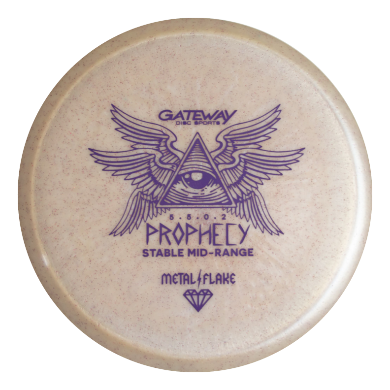 The Prophecy - Diamond Metal Flake is a beige, overstable mid-range disc golf disc in premium blend with purple all-seeing eye and wings art, labeled "Prophecy Stable Mid-Range" and "Gateway Disc Sports," designed for consistent flight.