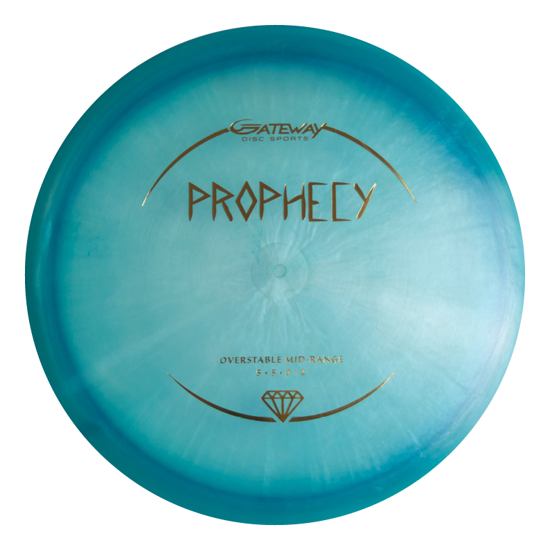 The Prophecy - Diamond is a blue disc golf disc from Gateway featuring gold text and premium Diamond blend, known for its consistent flight as an overstable mid-range disc.