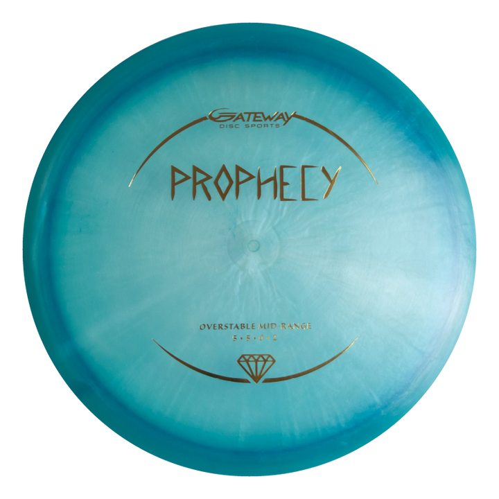 The Prophecy - Diamond is a blue disc golf disc from Gateway featuring gold text and premium Diamond blend, known for its consistent flight as an overstable mid-range disc.