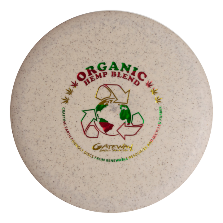 The Prophecy - Suregrip Hemp is a beige, overstable mid-range disc golf disc made from an organic hemp blend, featuring recycling symbols, a globe graphic, eco-friendly text, and offers a reliable fade.