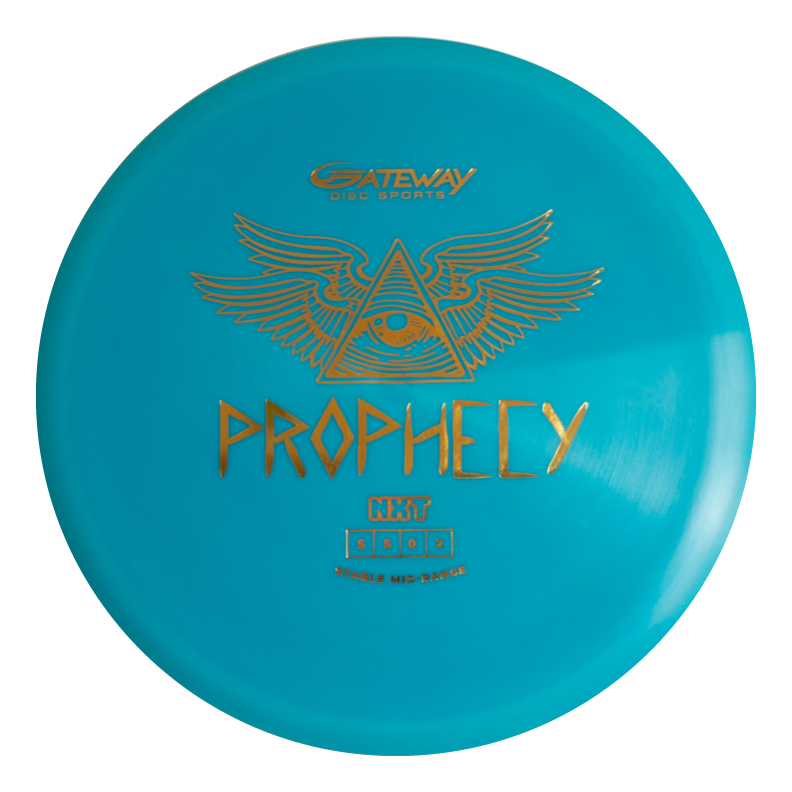 The Prophecy - NXT is a turquoise overstable mid-range disc golf disc, featuring gold "Gateway Prophecy NXT" graphics with an eye-in-wings design, made from durable NXT material.