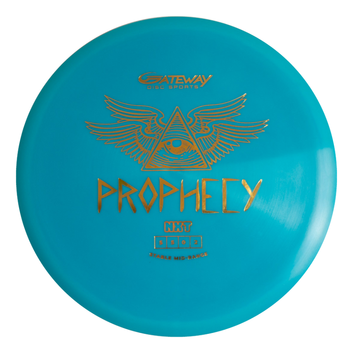 The Prophecy - NXT is a turquoise overstable mid-range disc golf disc, featuring gold "Gateway Prophecy NXT" graphics with an eye-in-wings design, made from durable NXT material.