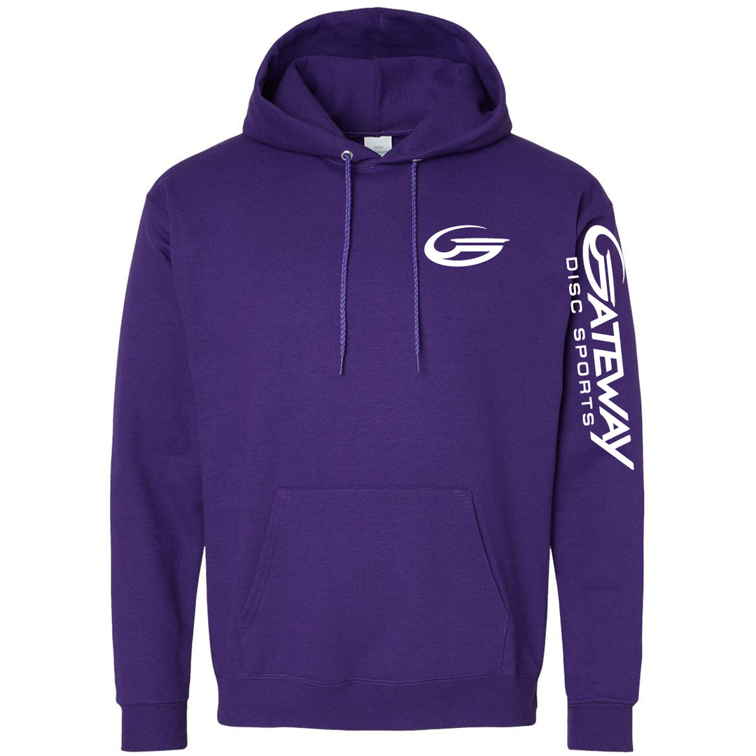 The Purple Gateway Hooded Sweatshirt, made from cozy PrintPro XP Fleece, features a white "G" logo on the chest and "GATEWAY DISC SPORTS" text on the left sleeve€”your stylish and comfortable new Logo Hoodie.