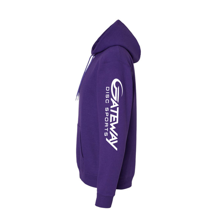 Side view of the Purple Gateway Hooded Sweatshirt with "Gateway Disc Sports" in white on the right sleeve. Made from cozy PrintPro XP Fleece, it's the perfect hoodie for comfort and style on and off the course.