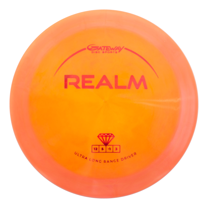 The Realm - Diamond by Gateway Disc Sports is an orange distance driver featuring red text and flight numbers 12, 5, -1, 3€”perfect for power throwers aiming for maximum distance.