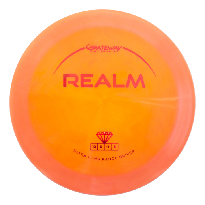 The Realm - Diamond by Gateway Disc Sports is an orange distance driver featuring red text and flight numbers 12, 5, -1, 3€”perfect for power throwers aiming for maximum distance.