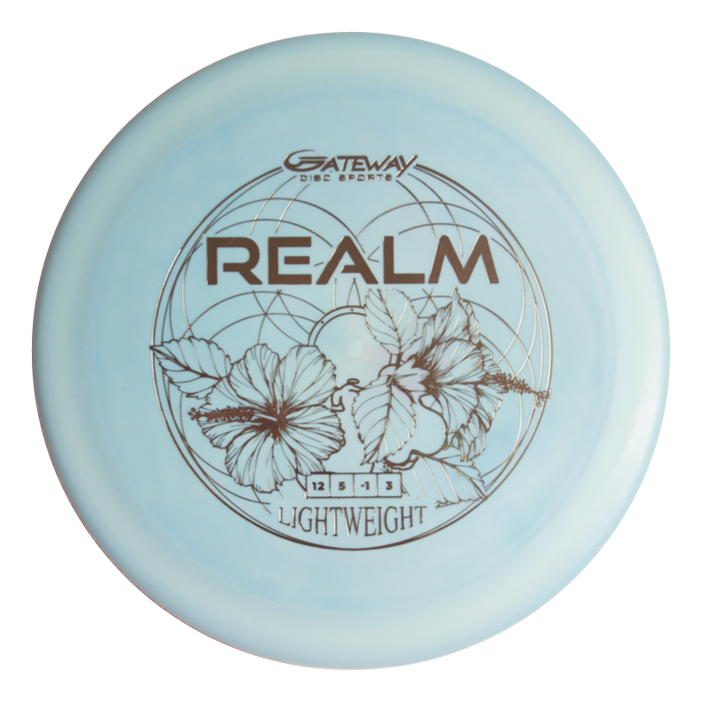 The Realm - Suregrip Ultra Lightweight is a light blue distance driver with "REALM" text, floral design, and flight numbers 12, 5, -1, 3€”ideal for power throwers seeking lightweight discs.