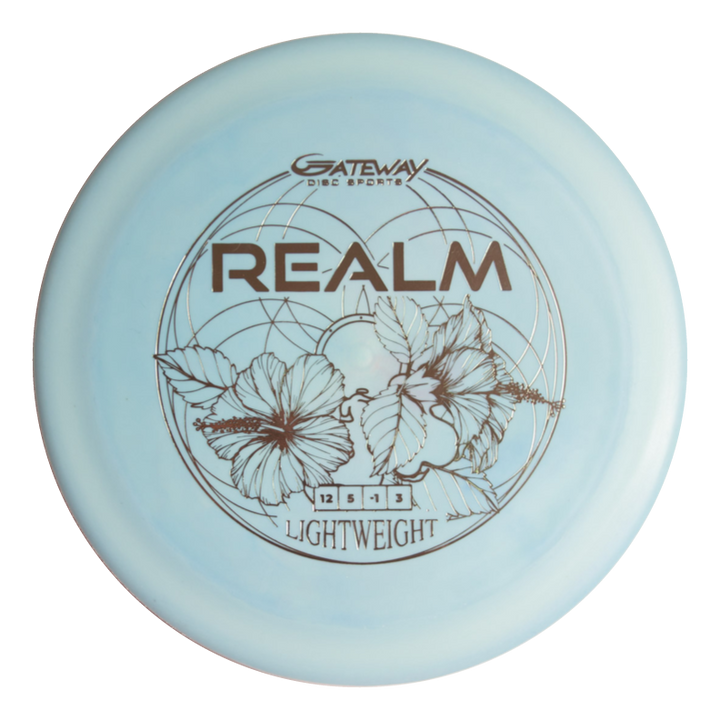 The Realm - Suregrip Ultra Lightweight is a light blue distance driver with "REALM" text, floral design, and flight numbers 12, 5, -1, 3€”ideal for power throwers seeking lightweight discs.