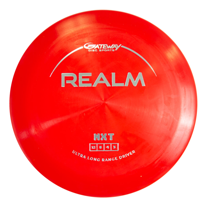 The Realm - NXT is a red distance driver disc from Gateway Disc Sports, featuring "NXT Ultra Long Range Driver" on durable plastic€”perfect for power throwers aiming for maximum distance.