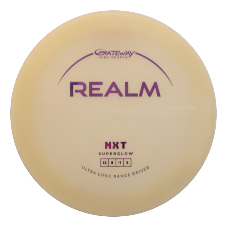 The Realm - NXT Superglow is a cream-colored ultra long range distance driver (flight numbers 12, 6, -1, 3)€”perfect for max distance throws.