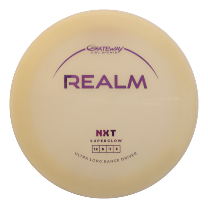The Realm - NXT Superglow is a cream-colored ultra long range distance driver (flight numbers 12, 6, -1, 3)€”perfect for max distance throws.