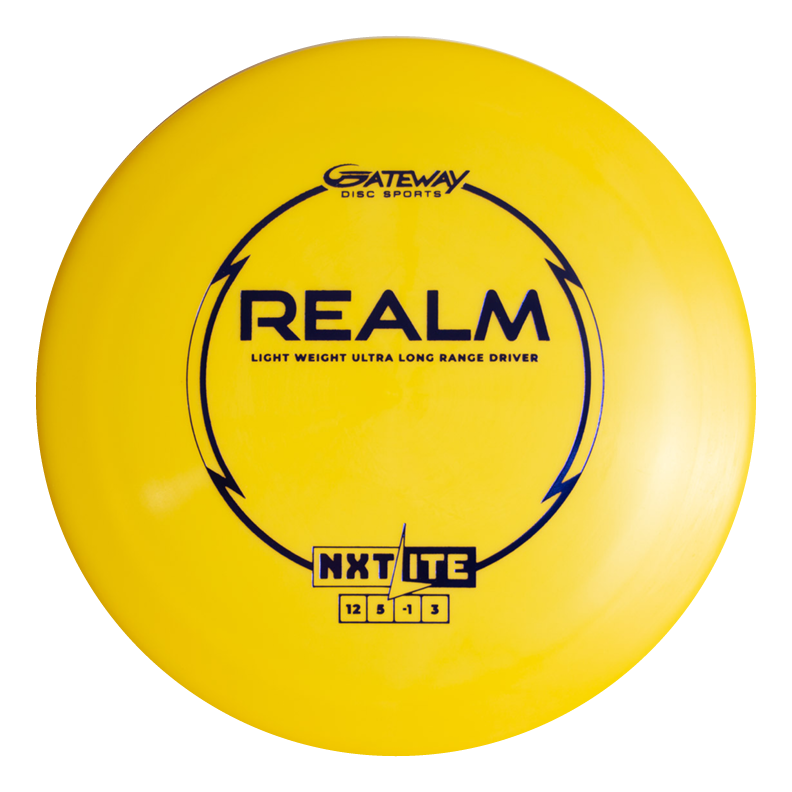 The Realm - NXT LITE is a yellow distance driver with black text, a circular design, and flight numbers 12, 5, -1, 3€”perfect for power throwers seeking durable plastic and maximum distance.