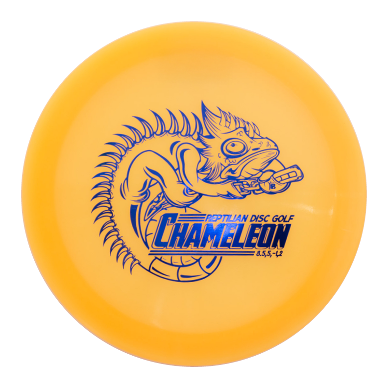 A yellow Reptilian DG Chameleon — Armor fairway driver disc with a blue chameleon holding a disc and "Chameleon Reptilian Disc Golf 8.5.5.-1.2" printed on it.