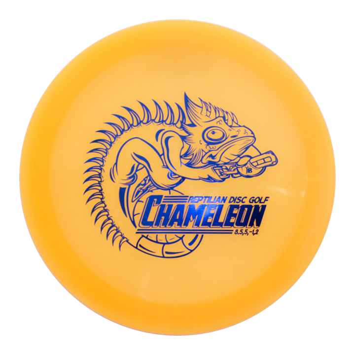 A yellow Reptilian DG Chameleon — Armor fairway driver disc with a blue chameleon holding a disc and "Chameleon Reptilian Disc Golf 8.5.5.-1.2" printed on it.