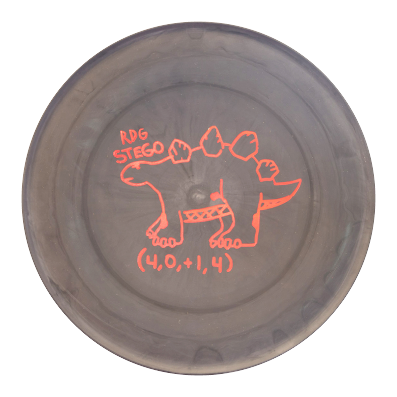 The Reptilian DG Stego — Tar Pit disc in black features a red line stegosaurus illustration labeled "RDG STEGO" with "(4.0, +1.4)" beneath it.