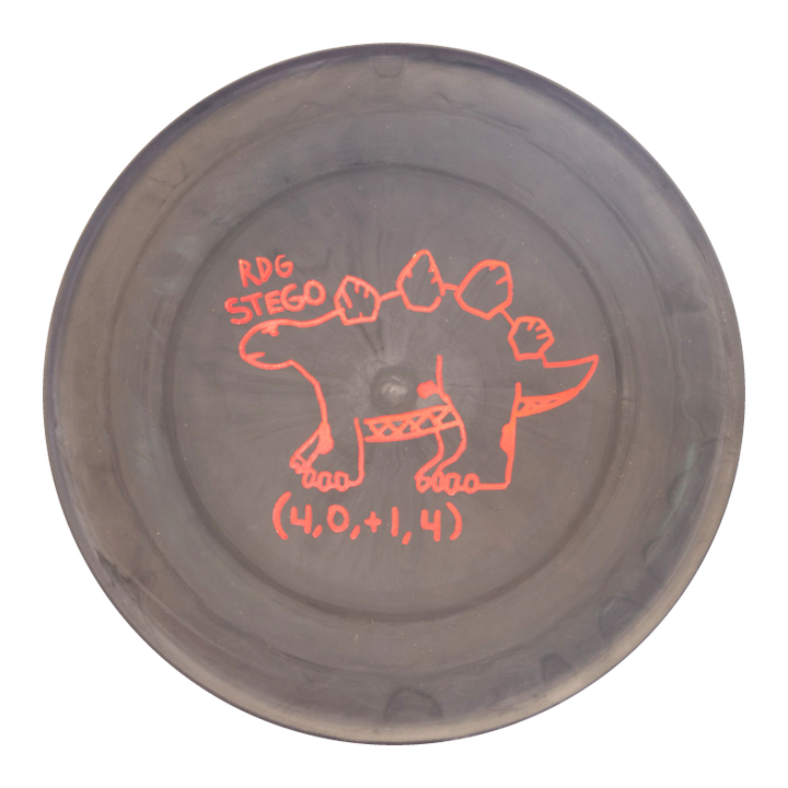 The Reptilian DG Stego — Tar Pit disc in black features a red line stegosaurus illustration labeled "RDG STEGO" with "(4.0, +1.4)" beneath it.