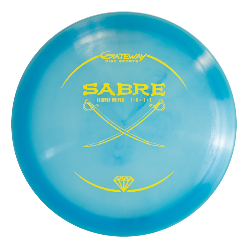 A blue Sabre - Diamond fairway driver disc golf disc with yellow crossed sabres and text on the front, known for versatility and a predictable finish on every throw.