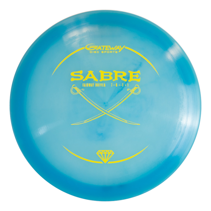 A blue Sabre - Diamond fairway driver disc golf disc with yellow crossed sabres and text on the front, known for versatility and a predictable finish on every throw.