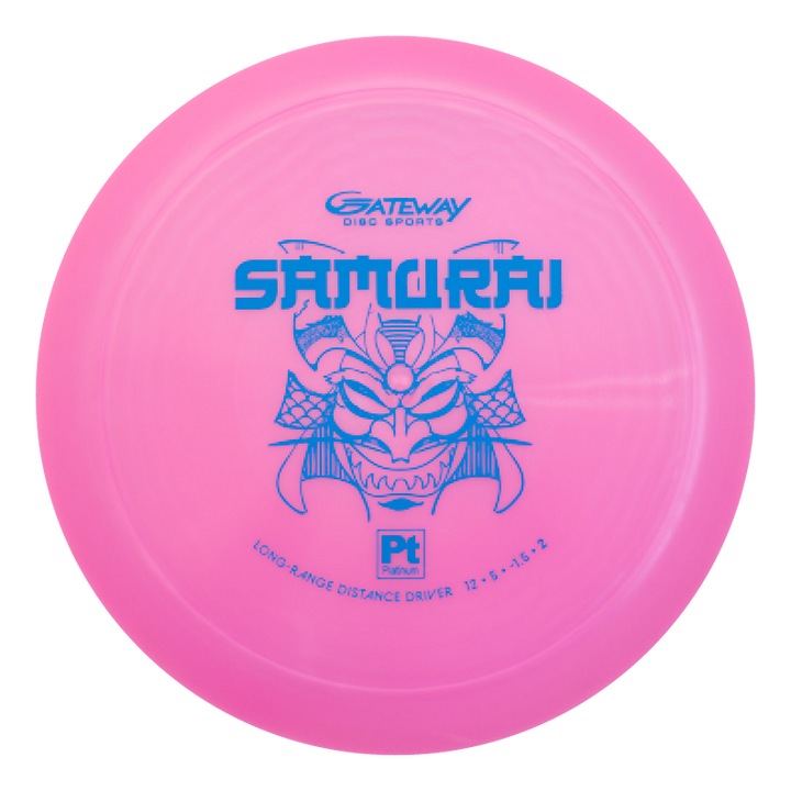 The Samurai - Platinum is a pink distance driver crafted from eco-friendly plastic, featuring a blue samurai mask design and "Gateway Samurai" on top€”ideal for long drives.
