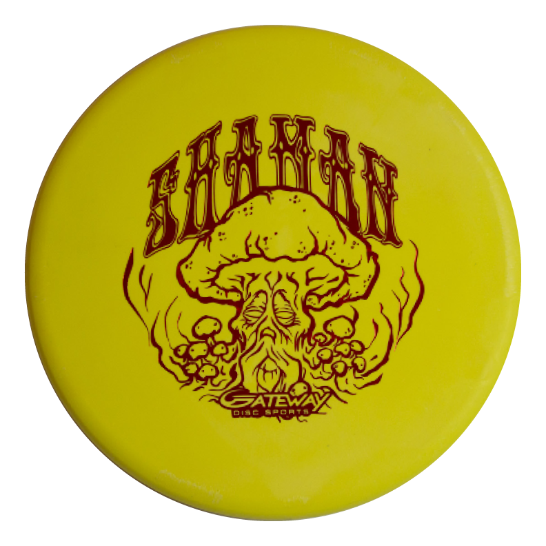 The Shaman - SSS - Mushroom is a yellow disc golf disc with "SHAMAN" and "Gateway Disc Sports" text, featuring a special mushroom-headed shaman design by James Zimmerman.
