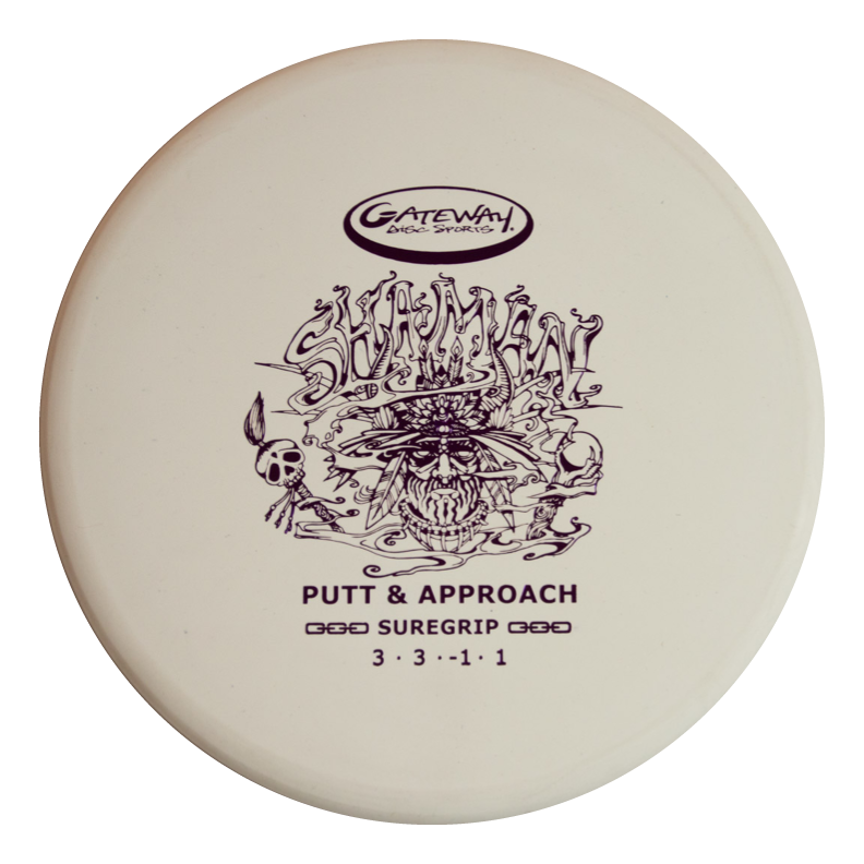 The Shaman - Suregrip is a white Super Soft disc golf putter featuring a detailed skull design, flat 25° nose, and flight ratings of 3 3 -1 1€”perfect for holding any line on your putts and approach shots.