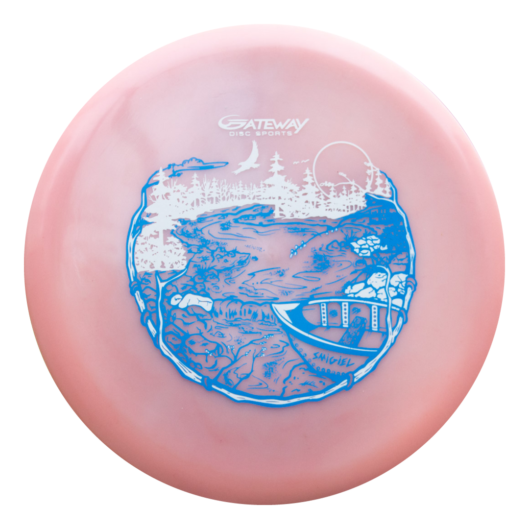 The Sam Smigiel's Element - NXT Color Superglow is a pink mid-range disc by Gateway Disc Sports, showcasing a blue and white scenic landscape—ideal for players seeking unbelievable glide and straight flight.