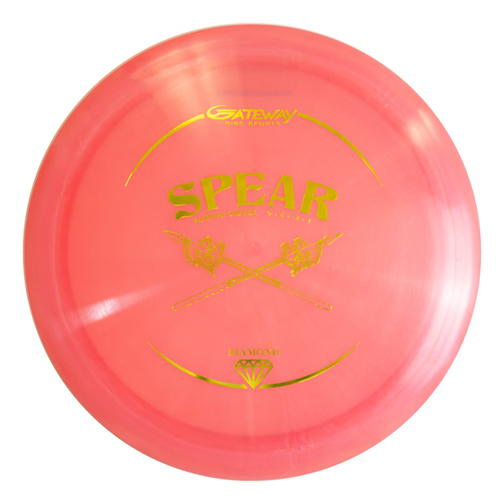 A pink Spear - Diamond control driver disc golf disc with gold lettering and two crossed spears in the center, designed for accurate placement.