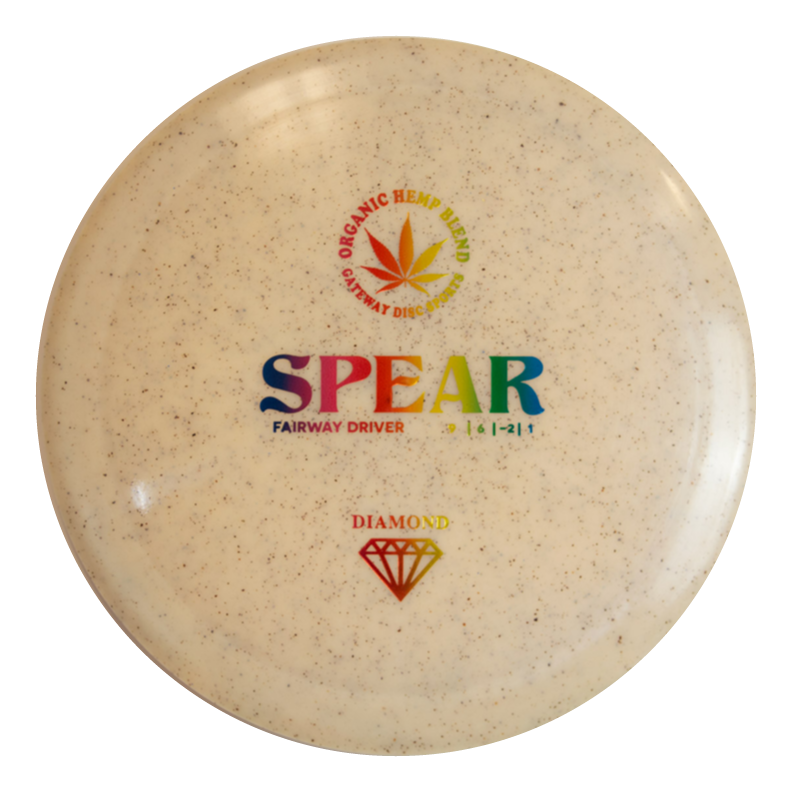 A cream-colored Spear - Diamond Hemp fairway driver featuring a rainbow logo, hemp leaf graphic, and diamond symbol on top€”crafted for accurate placement on every throw.