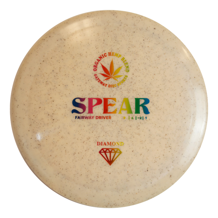 A cream-colored Spear - Diamond Hemp fairway driver featuring a rainbow logo, hemp leaf graphic, and diamond symbol on top€”crafted for accurate placement on every throw.