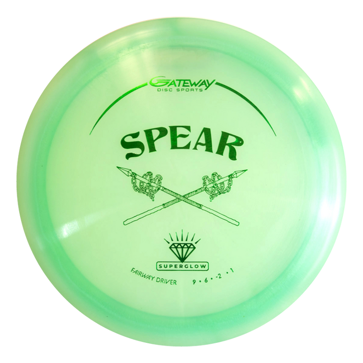The Spear - Diamond Superglow is a light green control driver with two crossed spears and "Gateway Disc Sports" branding on top, designed for a comfortable grip.